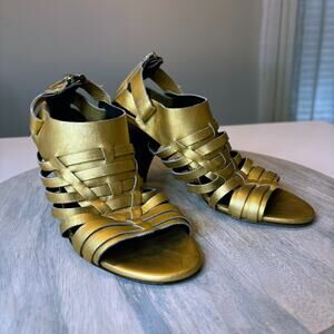 Donald J Pliner Gold Strappy Gladiator Heels Italy Zip Sandals US Size 6.5M 6.5
